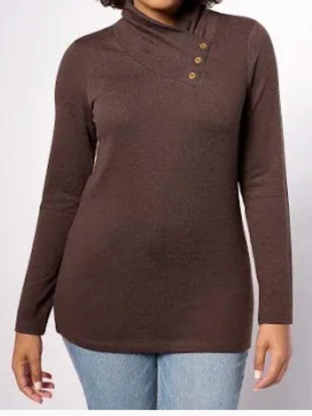 NWT Denim&Co Heavenly Jersey Long Sleeve Button Neckline Knit Top Chocolate Med